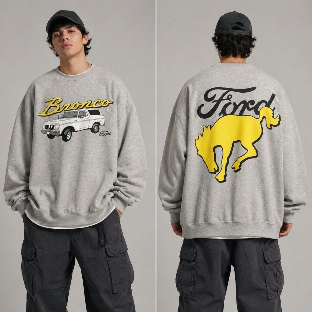 Ford Bronco Sweatshirt L Gray Oversized Double Sided Logo 24x28 Retro‎ Graphic